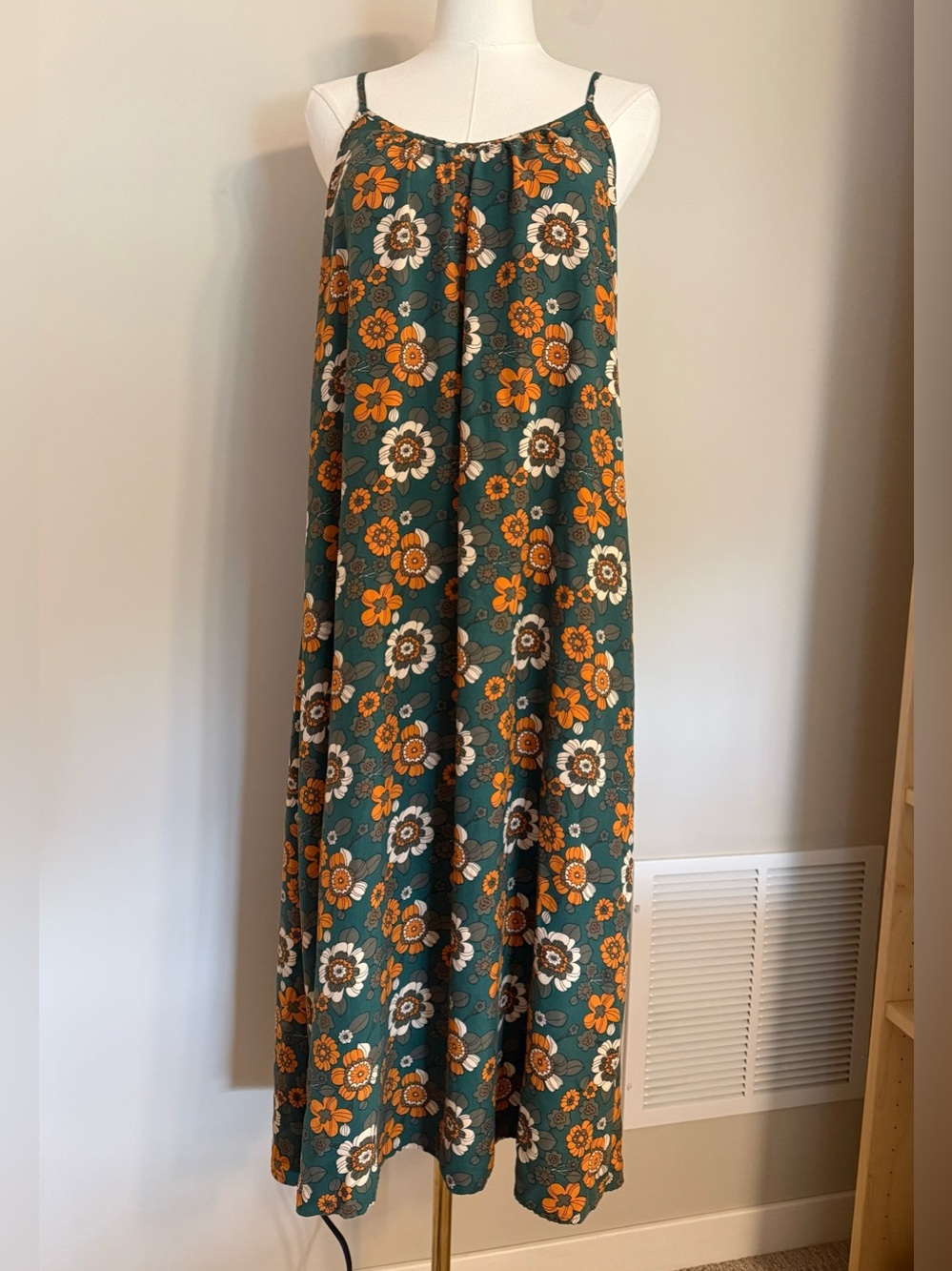 NATURAL LIFE Forest Green Floral Long Slip Dress Peach Cream Bloom Boho Hippie